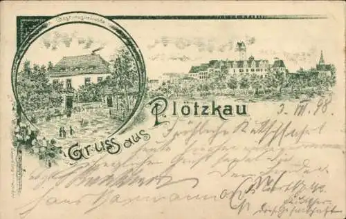 Litho Plötzkau in Sachsen Anhalt, Schloss, Gasthaus zur Laube