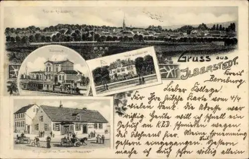 Litho Ilberstedt Salzlandkreis, Bahnhof, Villa, Gasthaus zur Reichspost