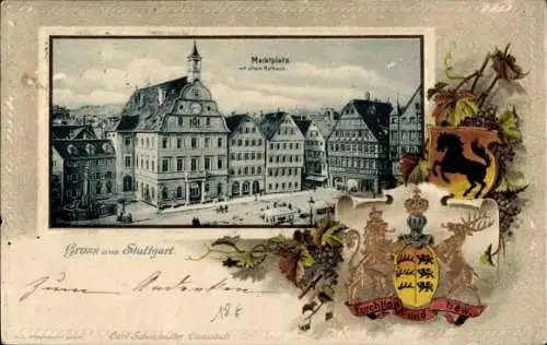 Präge Passepartout Litho Stuttgart in Württemberg, Markt, Rathaus, Wappen