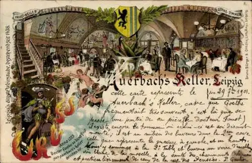 Litho Leipzig in Sachsen, Auerbach's Keller, Innenansicht, Wappen