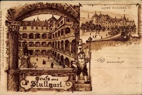 Holzimitat Passepartout Litho Stuttgart in Württemberg, Altes Schloss