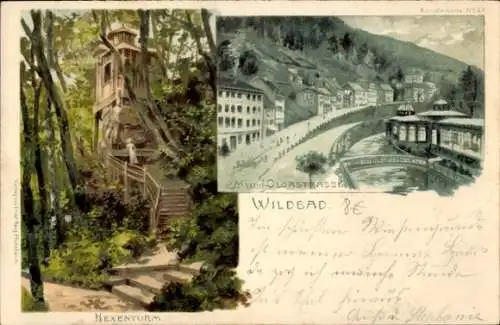 Künstler Litho Bad Wildbad im Schwarzwald, Olgastraße, Hexenturm