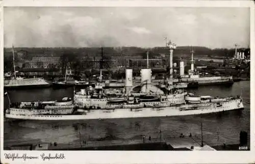 Ak Wilhelmshaven an der Nordsee, Hafenbild, Linienschiff Schlesien