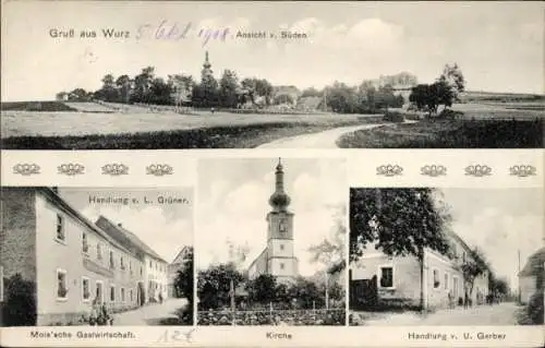 Ak Wurz Püchersreuth in der Oberpfalz, Panorama Ansicht von Süden, Kirche, Handlung v. L. Grüner