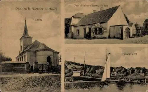 Ak Phöben Werder an der Havel, Kirche, Geschäftshaus, Segelboot