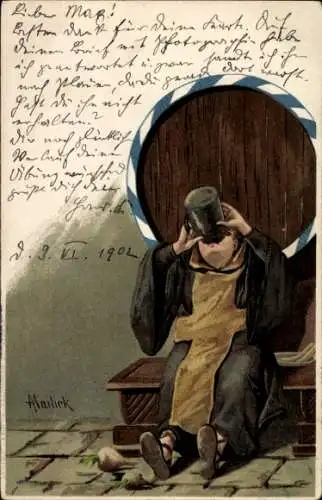 Künstler Litho Mailick, Münchner Kindl trinkt Bier