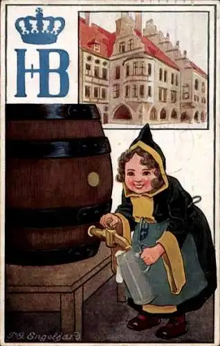 Künstler Ak Engelhard, P. O., Münchener Hofbräuhaus, HB Hofbräu Werbung, Kindl, Bierfass, Maßkrug