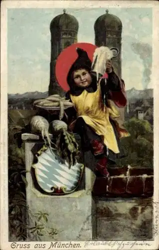 Präge Künstler Litho Kraus, München, Münchner Kindl, Weißwürste, Radi, Wappen, Frauenkirche