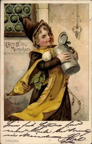 Präge Litho Münchner Kindl mit Bierkrug und Rettich