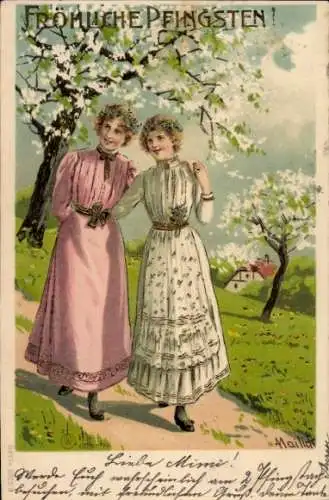 Künstler Litho Mailick, Glückwunsch Pfingsten, Frauen machen Spaziergang, Blühende Bäume