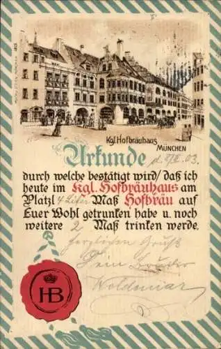 Präge Litho München Bayern, Kgl. Hofbräuhaus, Urkunde über 3 Maß Hofbräu