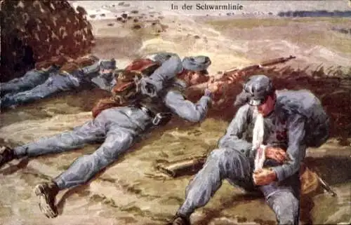 Künstler Ak In der Schwarmlinie, Kuk Armee, Kaiserjäger im Kampfeinsatz, 1. WK