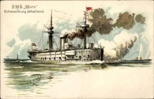 Künstler Litho Siehl, Deutsches Kriegsschiff, SMS Mars, Kreuzerkorvette, Schießübung