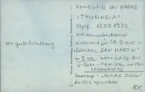 Ak Dampfschiff Thuringia, HAPAG, Ansicht Steuerbord