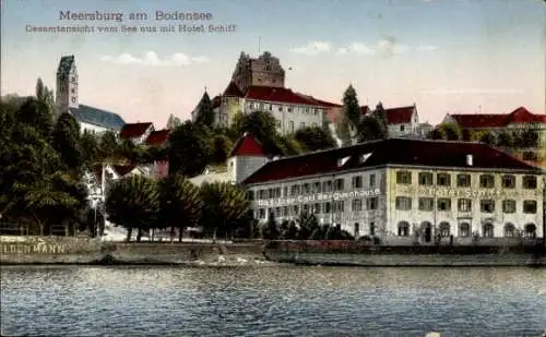 Ak Meersburg am Bodensee, Gesamtansicht, Hotel Schiff, Blick vom See