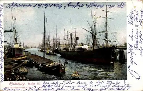 Ak Hamburg, Hafen III, Segelschiffe