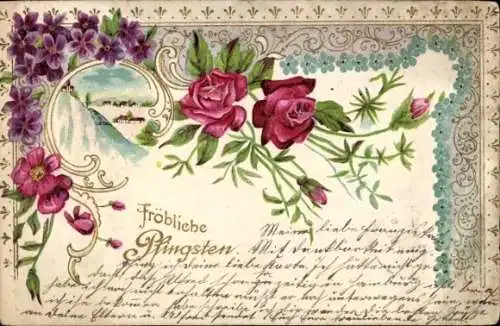 Präge Litho Fröhliche Pfingsten, Blumen