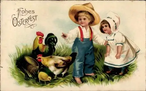 Litho Glückwunsch Ostern, Küken, Hahn, Huhn, Junge, Mädchen