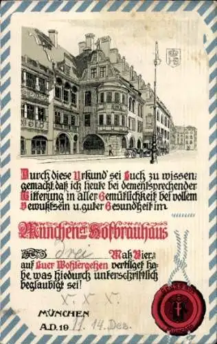 Künstler Ak München Bayern, Urkunde, Hofbräuhaus, Karl Mittermüller