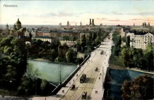 Ak München, Stadtansicht, Brücke, Straßenbahn