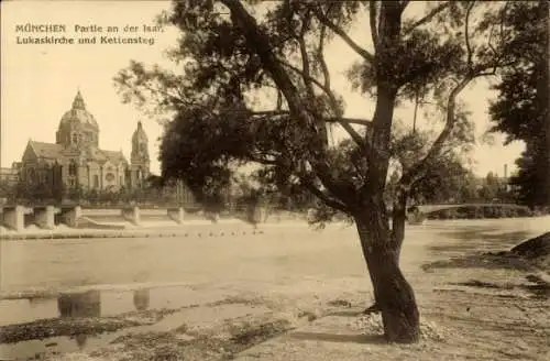 Ak München, Isar, Lukaskirche, Kettensteg