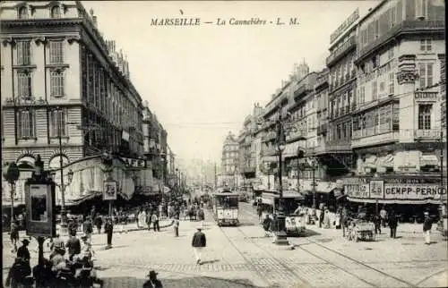 Ak Marseille Bouches du Rhône, La Cannebiere, Straßenbahn