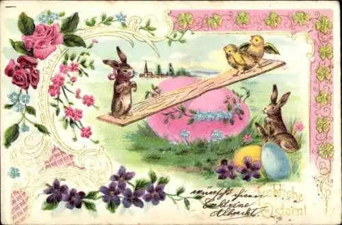 Litho Glückwunsch Ostern, Hase und Küken auf einer Wippe, Eier