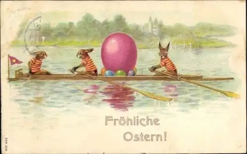 Ak Glückwunsch Ostern, Hasen und Eier in einem Ruderboot, Kajak