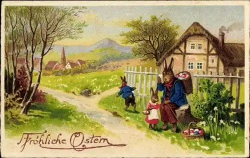 Ak Glückwunsch Ostern, Vermenschlichte Hasen mit Ostereiern