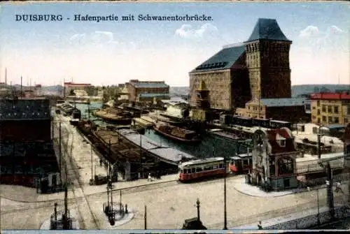 Ak Duisburg im Ruhrgebiet, Hafen, Schwanentorbrücke, Straßenbahn