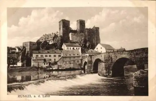 Ak Runkel an der Lahn, Teilansicht, Schloss, Brücke