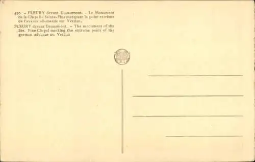 Ak Fleury vor Douaumont Meuse, Denkmal der Chapelle Sainte Fine