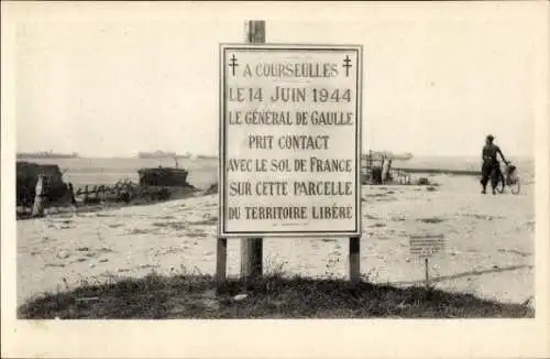 Ak Asnelles sur Mer Calvados, Stele auf der Kontaktstelle von General de Gaulle