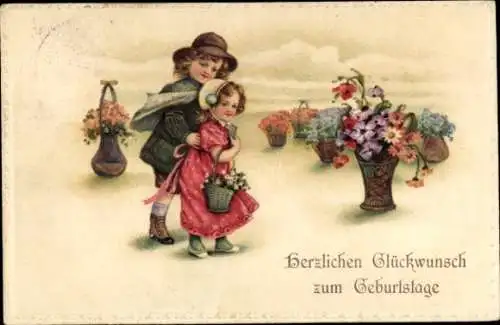 Ak Glückwunsch Geburtstag, Kinder, Blumen