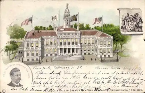 Litho New York USA, City Hall of Greater New York, First Mayor