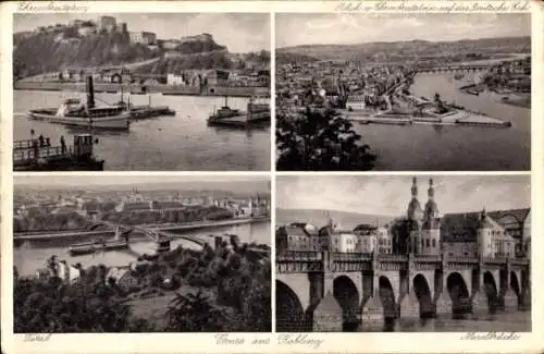 Ak Koblenz am Rhein,  Moselbrücke, Totalansicht, Ehrenbreitstein, Deutsches Eck