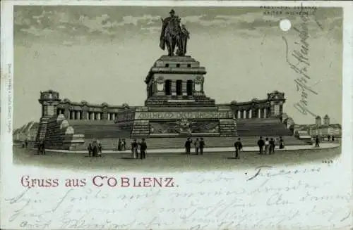 Mondschein Litho Koblenz in Rheinland Pfalz, Provinzialdenkmal Kaiser Wilhelm I.