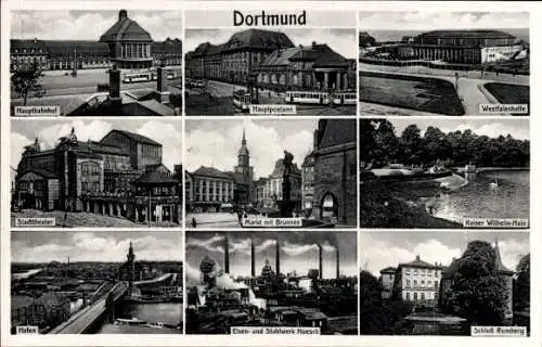 Ak Dortmund im Ruhrgebiet, Hauptpostamt, Westfalenhalle, Schloss Romberg, Stahlwerk Hoesch, Bahnhof