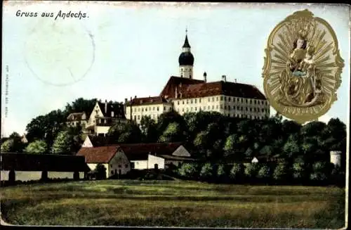 Präge Ak Andechs in Oberbayern, Muttergottes, Blick zum Kloster