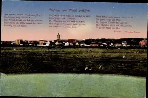 Ak Husum Nordfriesland, Blick vom Deich auf den Ort, Gedicht von Theodor Storm