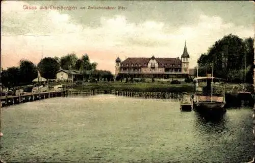 Ak Dreibergen Bad Zwischenahn in Oldenburg, Teilansicht, Gebäude, Zwischenahner Meer, Dampfer