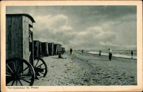 Ak Sankt Peter Ording in Nordfriesland, Strand mit Umkleidewagen