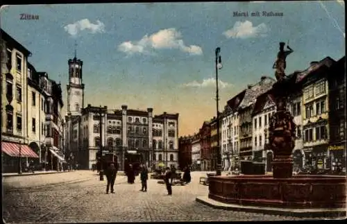 Ak Zittau in Sachsen, Markt, Rathaus, Brunnen