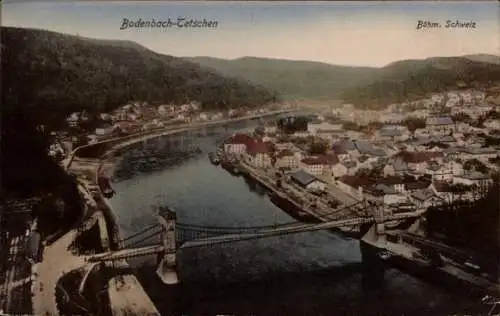 Ak Podmokly Bodenbach Děčín Tetschen an der Elbe Region Aussig, Luftbild vom Ort, Brücke