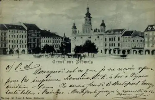 Mondschein Ak Budweis, Auf dem Marktplatz, Häuser