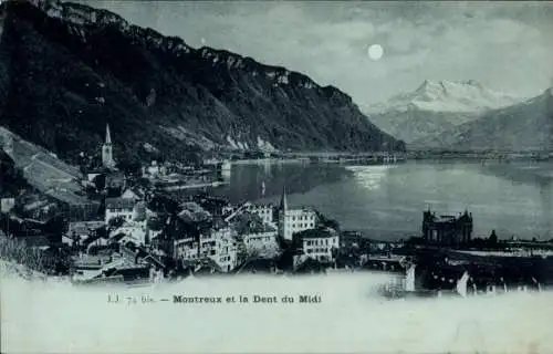 Mondschein Ak Montreux Kanton Waadt, die Stadt mit der Dent du Midi