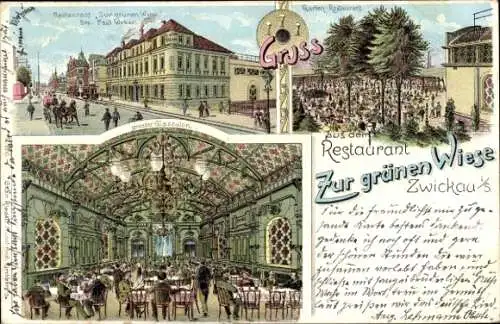 Litho Zwickau in Sachsen, Restaurant Zur grünen Wiese, Saal, Garten