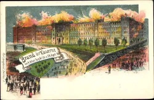 Litho Zwickau in Sachsen, Brand der Kaserne 9. Inf. Regiment No. 133, 29. April 1897