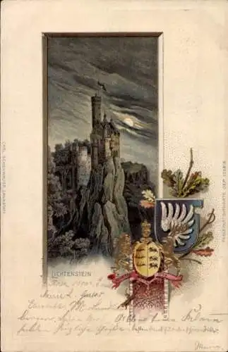 Präge Wappen Passepartout Litho Lichtenstein in Baden Württemberg, Blick auf das Schloss