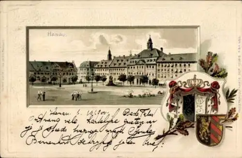 Präge Wappen Passepartout Litho Hanau im Main Kinzig Kreis Hessen, Marktplatz